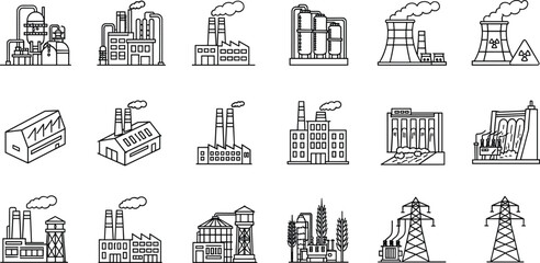Collection of isometric line art icons representing industrial factories and power generation structures Keywords: factory © Mst Anjuara