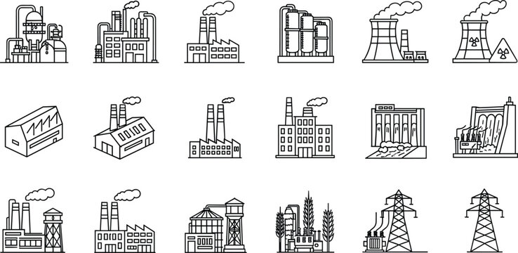 Collection of isometric line art icons representing industrial factories and power generation structures Keywords: factory