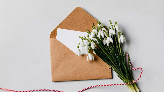 Blank card with brown envelope and snowdrop bouquet on light background