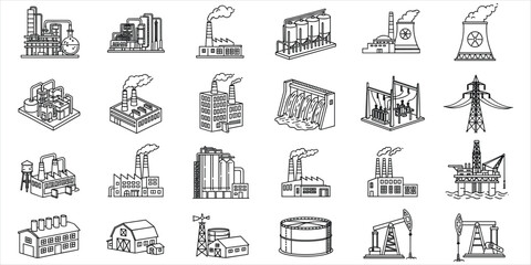 Industrial factory buildings and power generation icons in a line art style Keywords: factory, industrial, building, power © Mst Anjuara