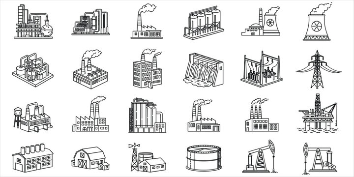 Industrial factory buildings and power generation icons in a line art style Keywords: factory, industrial, building, power