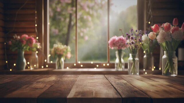 Rustic wooden table with vases of flowers by window