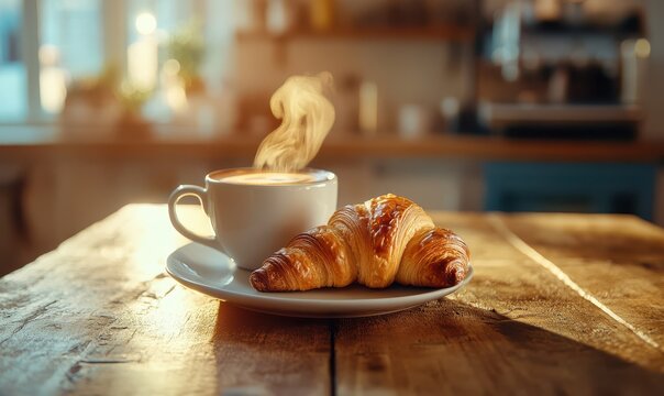 Delicious croissant with a steaming cup of espresso on a rustic wooden table, warm tones and soft lighting emphasizing a cozy breakfast moment
