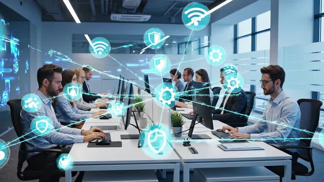 Office workspace with cybersecurity network overlay. Digital shield icons and wireless connectivity symbols represent data protection, it security infrastructure and enterprise defense system