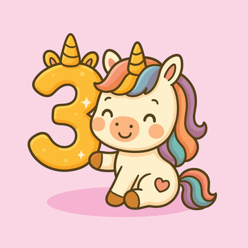 Sweet cartoon unicorn character gently holds the shining golden number three for a third birthday celebration design element.