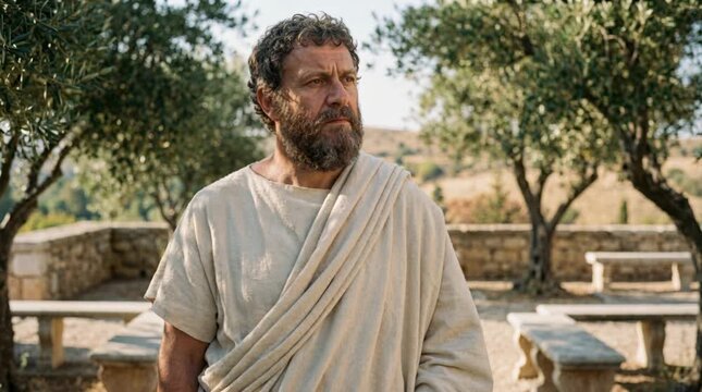Cinematic recreation of an ancient Greek philosopher in a natural setting
