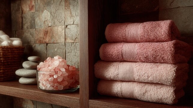 Wellness spa scene displaying pink towels, bath salts, and balanced stones bringing calm and relaxation