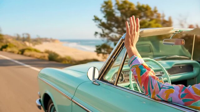 Passenger in a vintage convertible car on a coastal road, arm raised in the air. Summer trip freedom and travel lifestyle. Retro automobile ride along a scenic beach highway.