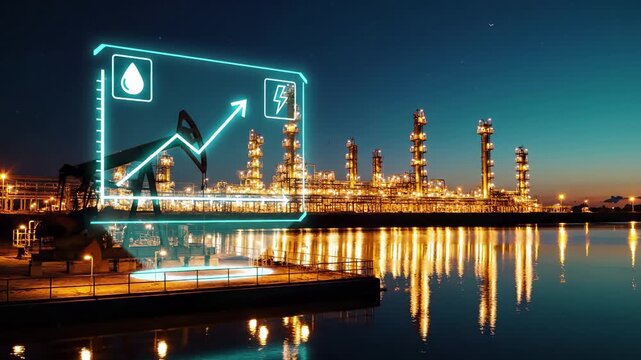Oil refinery at night with a glowing digital holographic chart overlay. Rising energy production and fuel price growth concept. Petroleum industry data analytics and power output monitoring.