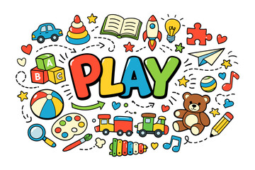 Colorful children's playtime toys and activities illustration