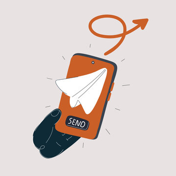 Cartoon vector illustration of a hand holding a smartphone with a paper airplane on the screen, symbolizing messaging, communication, and sharing ideas