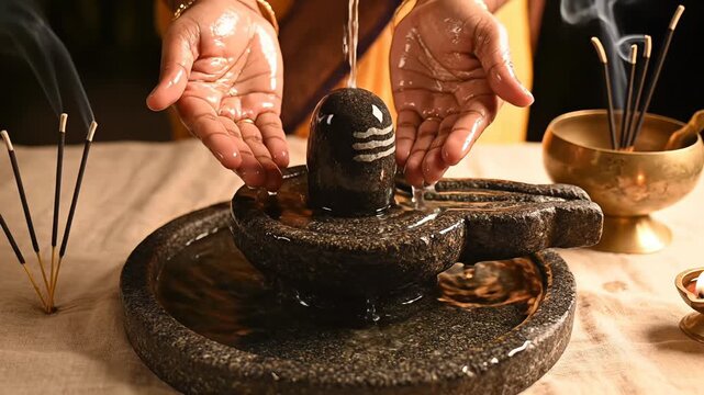 Hindu Devotional Ritual With Shiva Lingam Being Anointed With Water Accompanied By Incense Sticks And Soft Lighting Creating A Spiritual Atmosphere