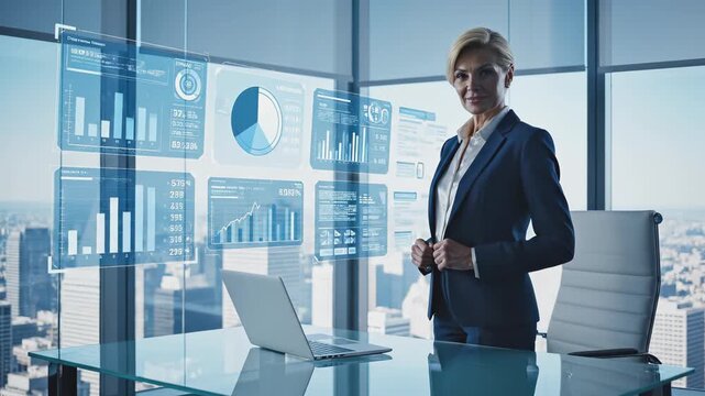 Businesswoman interacts with digital data displays in modern office, showcasing analytical insights, camera pans and zooms in on her confident demeanor