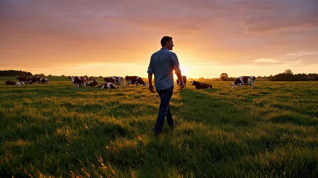 A man walking across a sunny rural field at sunset with cows in the background representing countryside life