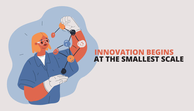Cartoon vector illustration of a female scientist examining a schematic in her hands, symbolizing research, analysis, and discovery