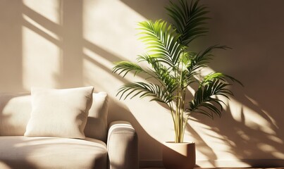 Elegant potted palm plant placed in a minimalist living room, its lush green tones and soft shadows creating a fresh and modern interior aesthetic