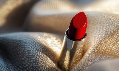 Elegant red lipstick on a textured fabric background, soft lighting emphasizing its sleek design and bold, luxurious appeal