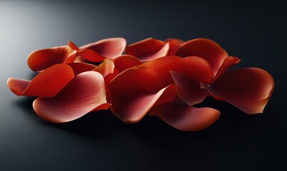 Elegant red rose petals arranged delicately on a sleek black surface, with soft highlights and shadows enhancing their texture