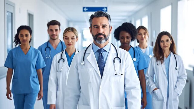A diverse medical team of doctors and nurses stands together confidently in a hospital corridor