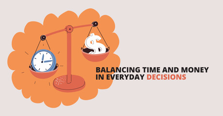 Cartoon vector illustration of a scale with a clock on one side and a dollar sign on the other, symbolizing time value, financial balance, and work-life management