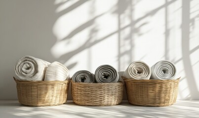 Elegant still life with woven baskets filled with rolled-up linen, set against a clean neutral background with soft natural lighting
