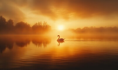 Elegant swan gliding gracefully across a misty lake at sunrise, with soft golden reflections in the water
