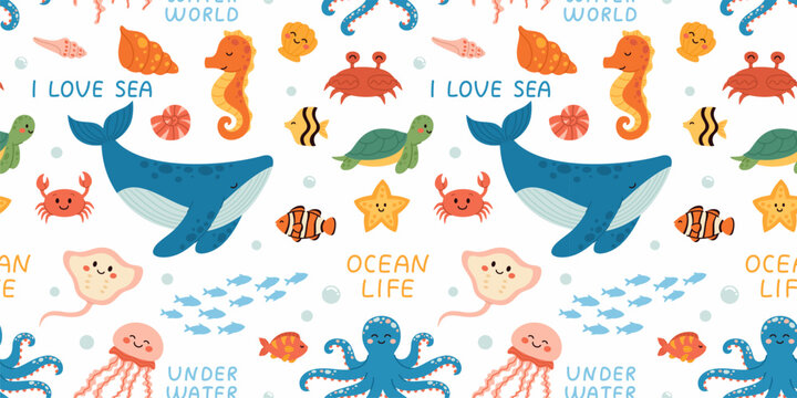 Seamless pattern with sea animals and plants. Whale, fish, shells, seaweed, turtle.