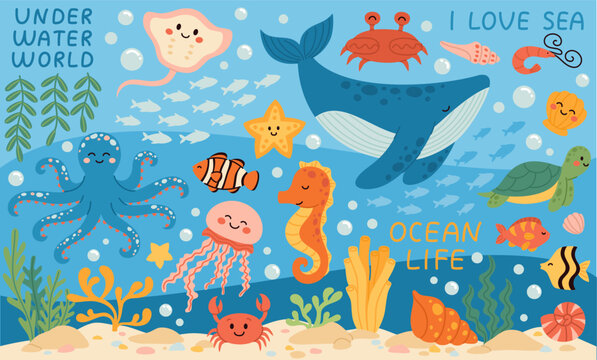 A collection of underwater life with sea animals and plants. Whale, fish, shells, seaweed, turtle.
