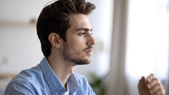 A stressed young man touches his forehead while sitting indoors showing signs of worry or fatigue