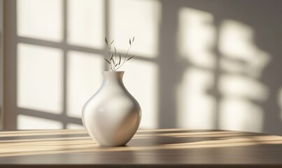 Elegant white ceramic vase placed on a sleek wooden table, illuminated by natural light streaming through large windows for a minimalist aesthetic