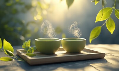 Elegant wooden tray with two steaming cups of green tea, surrounded by leaves and softly illuminated by morning sunlight