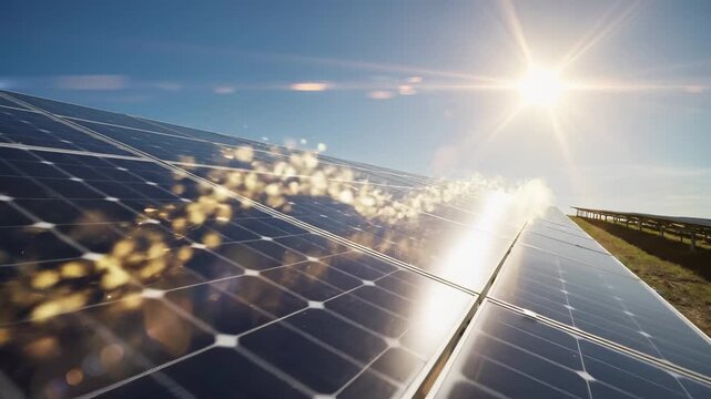 Solar panel photovoltaic array with bright sunlight and lens flare in field. Renewable energy technology and sustainable power generation for clean electricity production, environmental conservation