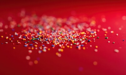 Festive display of colorful sprinkles scattered on a vibrant red surface, illuminated by bright natural light for a playful and cheerful holiday aesthetic
