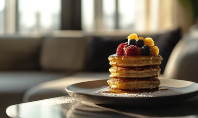 Fluffy pancake stack topped with syrup and fresh fruit, warm light and rich textures creating an indulgent and appetizing breakfast focus
