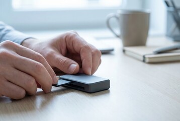 Fototapeta premium A person inserts an SD memory card into a card reader on a wooden office desk.