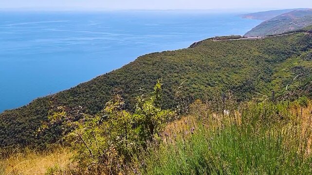 Breathtaking Panoramic View of Lush Green Mountains Meeting the Deep Blue Sea in Ucmakdere, Tekirdag - High Angle Nature Landscape for Travel, Adventure, and Summer Vacation Concepts