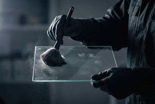 A forensic expert in black gloves dusting for fingerprints on a pane of glass.