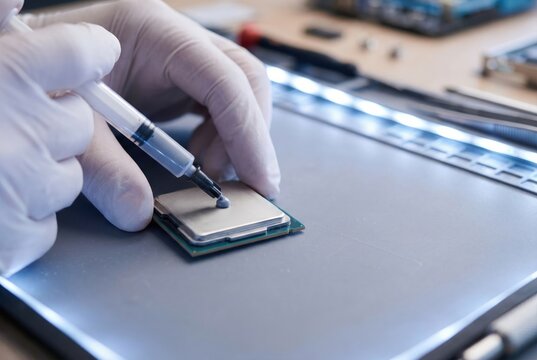 A technician in white gloves applies thermal paste to a computer CPU with a syringe.