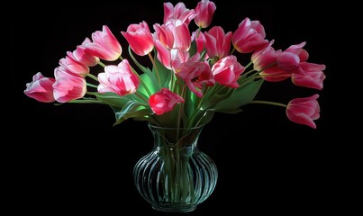 Fresh bouquet of pink tulips in a simple glass vase, vibrant petals glowing under natural light, creating a cheerful and elegant floral arrangement