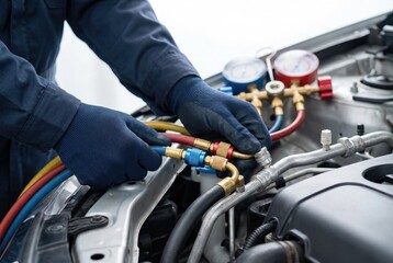 Fototapeta premium An auto mechanic in gloves uses a manifold gauge set to check a car's air conditioning system.