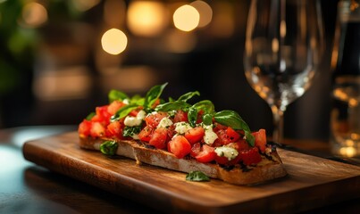 Fresh bruschetta topped with tomatoes, mozzarella, and basil served on a wooden board, illuminated by soft natural light for a cozy dining atmosphere