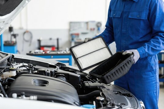 An auto mechanic in a blue uniform replacing a clean air filter in a car engine.