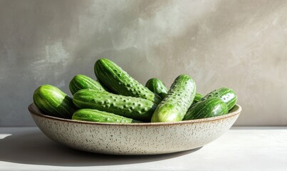 Fresh green cucumbers neatly arranged in a decorative ceramic bowl, illuminated by soft natural light against a clean minimal background, creating a crisp and refreshing scene