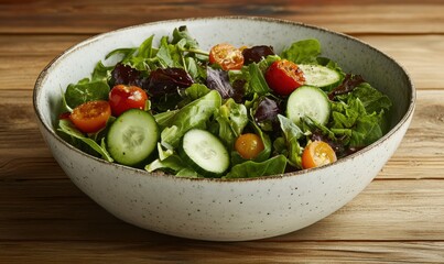 Fresh garden salad with mixed greens, cherry tomatoes, and cucumber slices, served in a rustic white bowl with a wooden table background