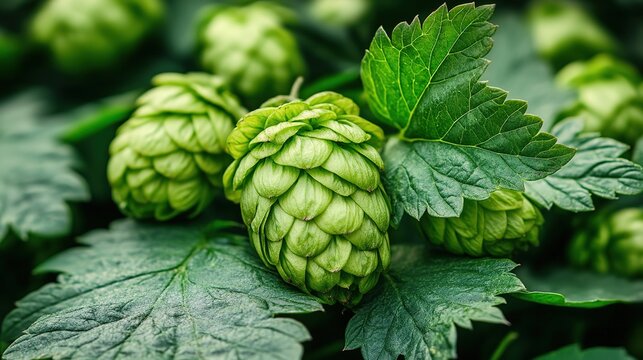 Close-Up of Green Hop Cones Among Leaves in a Hop Garden