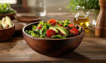 Fresh organic salad served in a wooden bowl, topped with avocado, cherry tomatoes, and olive oil on a rustic table