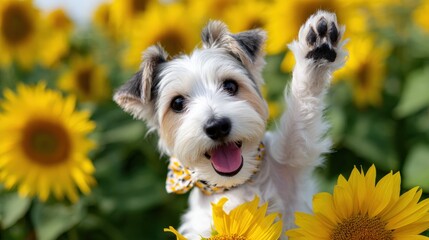 Playful dog enjoying sunflower field with joyful expression