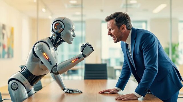 Businessman discussion with humanoid ai robot at office meeting table. Artificial intelligence and future workplace technology with corporate professional and android interaction during business
