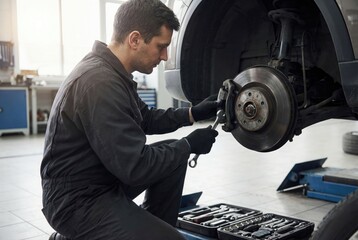 Obraz premium A male auto mechanic in uniform kneels and uses a wrench to work on the brake system of a car on a lift in a repair shop.