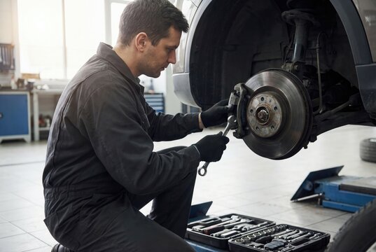 A male auto mechanic in uniform kneels and uses a wrench to work on the brake system of a car on a lift in a repair shop.